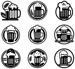Vector Beer Mug Icons: Black, White, Retro Style Set