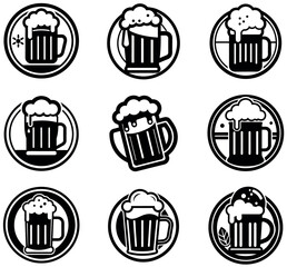 Vector Beer Mug Icons: Black, White, Circular Designs