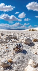 Seashell nestled in white desert sand, dramatic sky