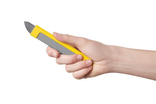 Hand holding a yellow and gray box cutter isolated on transparent background