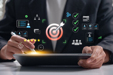 Target and business strategy planning with teamwork and leadership in planning, project management, data analysis and marketing performance to goal setting in business strategy