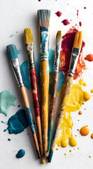 Fototapeta premium Vibrant Paint Brushes with Colorful Splatters on White Background