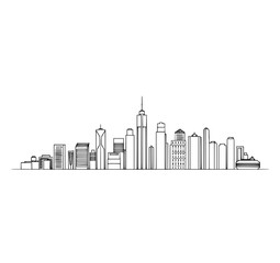NYC Skyline Line Art: A minimalist black and white illustration depicts the iconic New York City skyline, showcasing its famous skyscrapers and cityscape.
