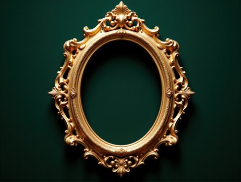 Vintage oval gold picture frame with ornate baroque scrollwork on a dark green velvet background, elegant and luxurious classic decor for art or photography.