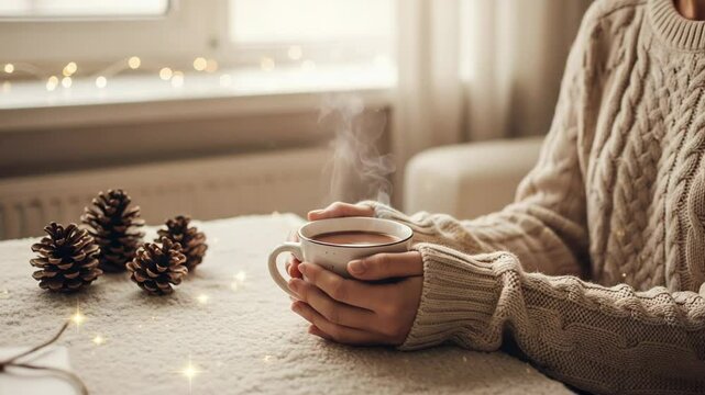 Woman enjoying hot drink in a knit sweater, with pine cones and string lights on a table during christmas holiday.