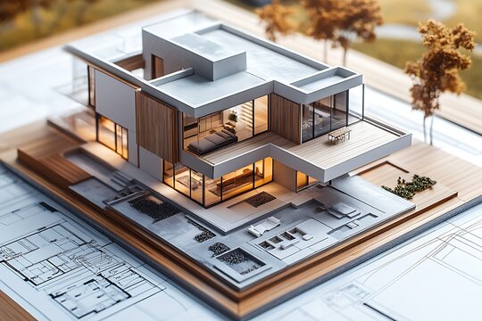 Detailed Architectural Model of Modern House with Floor Plans and Landscaping Elements
