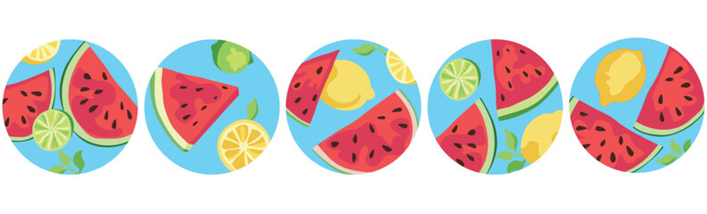 Set of 5 round fruit icons with lemon, lime, watermelon, and mint. Blue sky background, transparent base. Fresh vector design for social media, stickers, highlights, and decor.