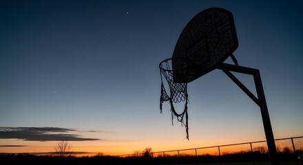 A basketball hoop stands silhouetted against a gradient sunset sky, showing a weathered net and a serene, peaceful atmosphere.