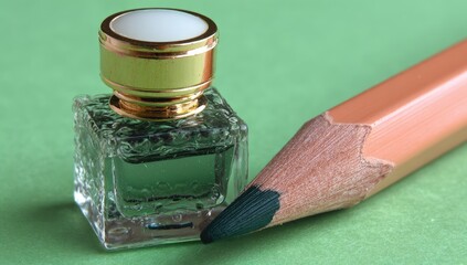 Miniature perfume bottle beside a pencil
