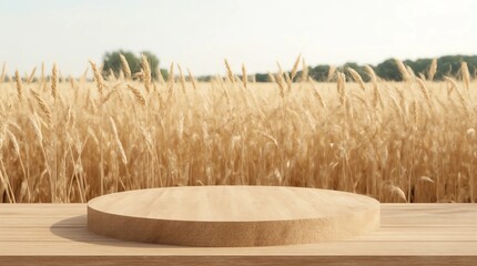 Empty wooden log on rustic table over wheat field background. Jewish holiday Shavuot mock up for design and product display 
