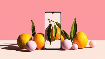 Smartphone displays tangerine, surrounded by citrus fruits and pastel spheres on a soft pink background