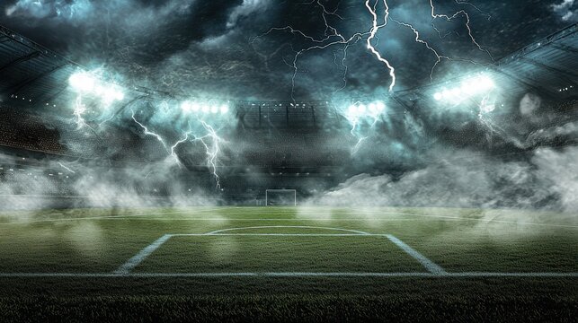 Dramatic lightning storm over empty football soccer stadium - Powered by Adobe