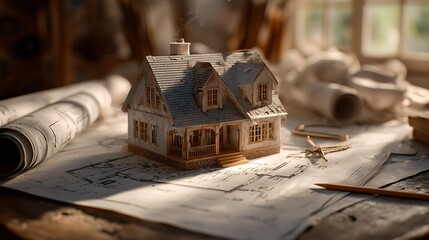 Detailed House Model on Architectural Blueprints with Pencil and Drafting Compass on Table