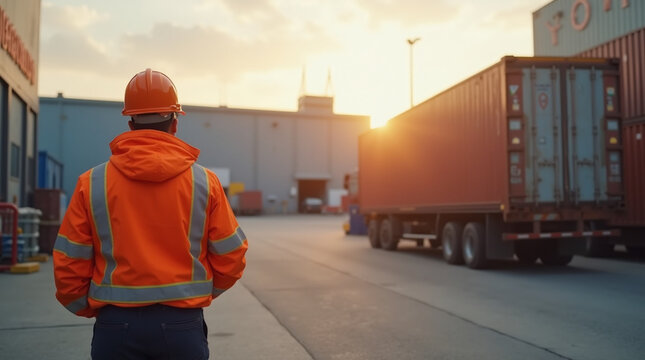 logistics worker in orange high-visibility jacket supervising truck loading at warehouse, industrial area, late afternoon sunlight, professional photo style
