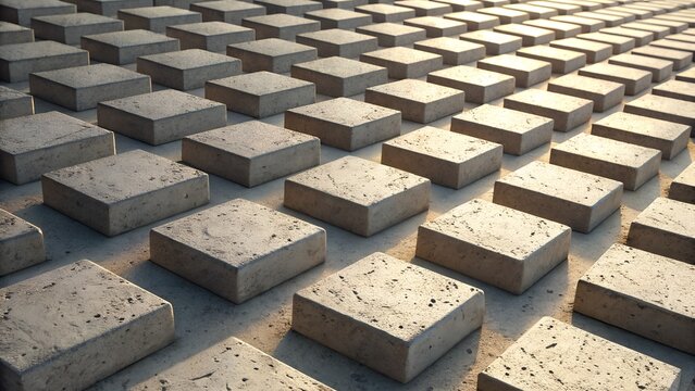 Rows of simple rectangular concrete blocks form an abstract grid pattern under bright sunlight, highlighting their rough texture and casting long shadows.