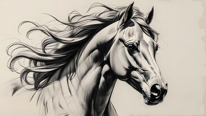 Majestic Equine Portrait: A stunning black and white illustration of a horse, its flowing mane and proud spirit captured in intricate detail, evoking a sense of freedom and power.