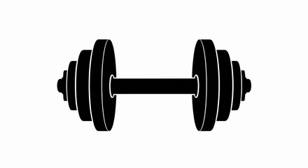 This high-quality vector graphic features a minimalist black dumbbell silhouette with a connecting bar and four stepped weight plates on each end, emphasizing fitness and clean design.
