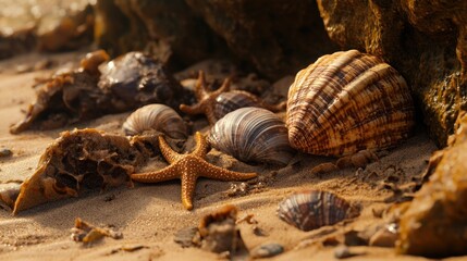 Seashells and starfish on sandy beach