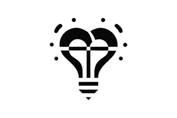 Modern minimalist heart-shaped lightbulb icon; innovative idea, creative solution, love concept; black and white vector illustration.