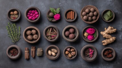 Assorted herbs and spices in artistic arrangement, celebrating natural flavors and culinary diversity