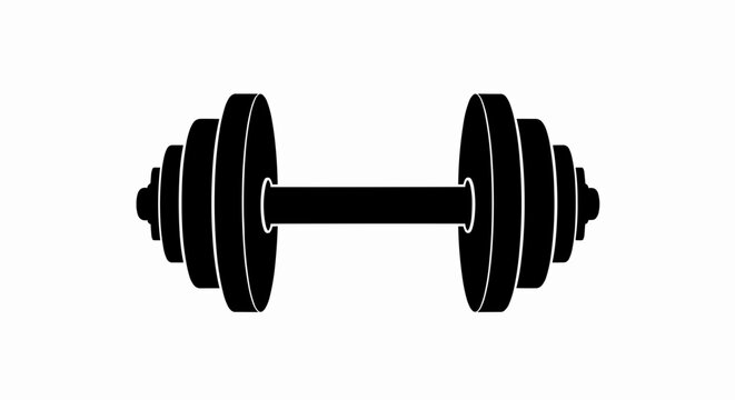 This high-quality vector graphic features a minimalist black dumbbell silhouette with a connecting bar and four stepped weight plates on each end, emphasizing fitness and clean design.