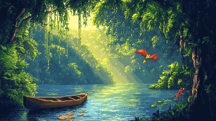 Emerald Canopy: Lush green forest foliage frames a tranquil lake, with a lone boat gently resting on its surface, while vibrant red birds soar. Sunlight streams through the trees.