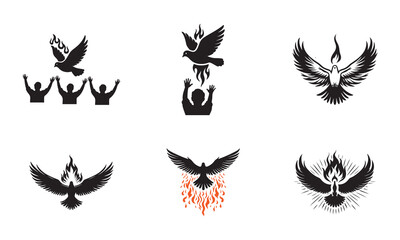 Pentecost Dove with Fire Wings Over Worshipping Crowd – Silhouette Vector in Black and White 