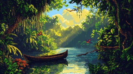 Jungle Oasis: A serene tropical river flows through a vibrant rainforest, sunlight filtering through the dense canopy and illuminating a traditional boat