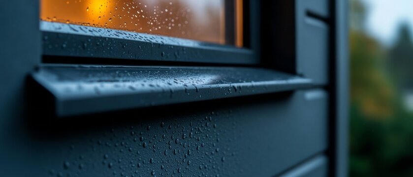 Water droplets on windowpane with soft glow from inside during rainy evening atmosphere