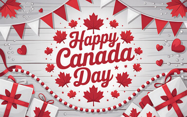 Fototapeta premium Happy canada day celebration with maple leaves gifts and bunting