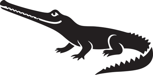 Black gharial silhouette bold animal shape, Crocodilian minimal graphic illustration