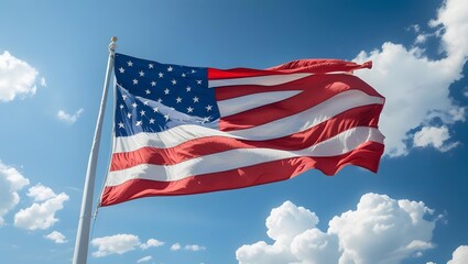 Fototapeta premium American Flag in Blue Sky: A vibrant American flag billows proudly in a clear blue sky dotted with fluffy white clouds. The image evokes feelings of patriotism, freedom, and national pride.