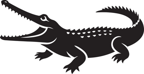 Crocodile gharial silhouette strong black lines, Reptile sketch in simple vector style