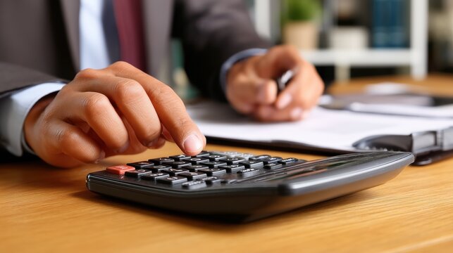 Accountant Using Calculator and Pen on Desk for Financial Tasks