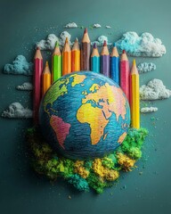 child style drawing blending into animated globe geography learning concept colorful educational digital art with playful design