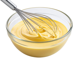  “Golden Pastry Cream in a Glass Bowl with Hand Whisk, isolated on a transparent background”