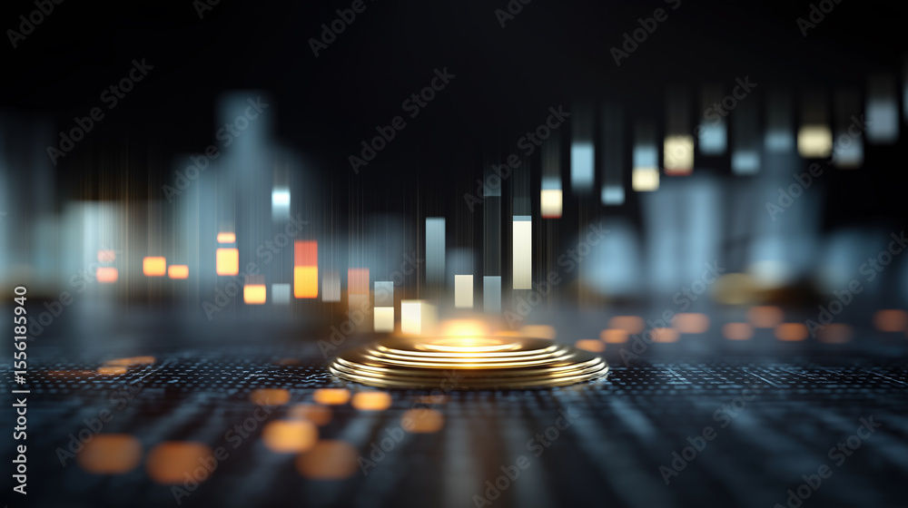 Poster 3d infographics for business presentation with neon glowing charts, bars and pie diagrams