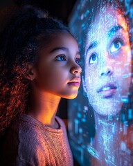 ai avatar interacting with student on screen future of human computer interaction futuristic classroom concept ambient ui lighting digital art