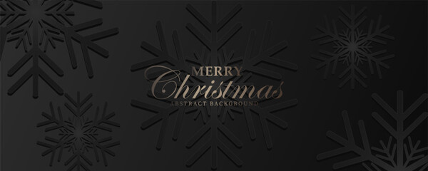 Obraz premium Christmas background with Shining gold Snowflakes. Lettering Merry Christmas card Illustration. Dark snowflake paper cut background with shadow decoration.