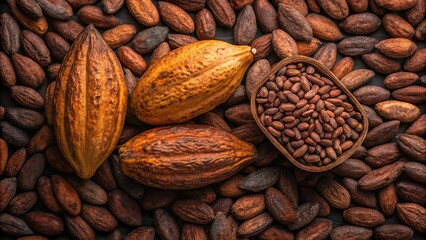 Cocoa pods and cocoa beans background. Suitable for marketing or business purposes. Panoramic banner with place for text