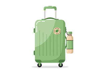 Eco travel suitcase with leaf badge and reusable bottle, clean and stylish design in soft green and beige tones