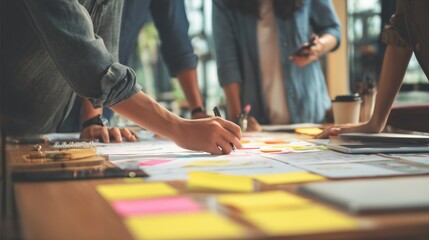 Collaborative Team Brainstorming Session with Colorful Post - it Notes and Documents