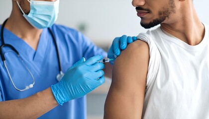 close up of a doctor injecting medicine into the patient's shoulder. 