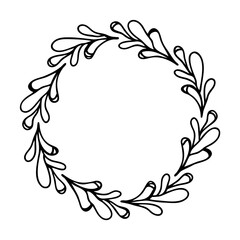 Elegant hand drawn black and white leaf wreath frame for floral decorative designs