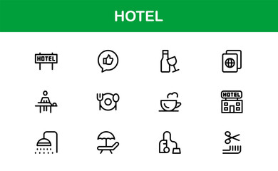 Hotel Line Icon Collection – Modern, Minimal Outline Symbols of Hospitality, Booking, Rooms, Travel, and Accommodation Services for Premium Designs