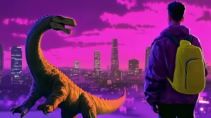 Urban Encounter: Boy meets gigantic reptile against futuristic skyline artwork - Powered by Adobe