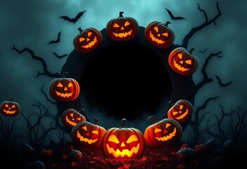Playful jack-o'-lanterns encircle a mysterious dark circle,  sign,  orange