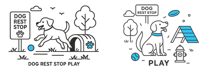 Dog rest stop and play area designed for pets with signs indicating facilities and fun activities at a park