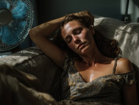 Sun-Kissed Moment: A woman basks in a gentle breeze from an electric fan, embodying the languid essence of a lazy afternoon. capturing the raw beauty and raw human experience
