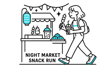 Enjoying street food delights during a night market visit for a late-night snack run in a vibrant atmosphere